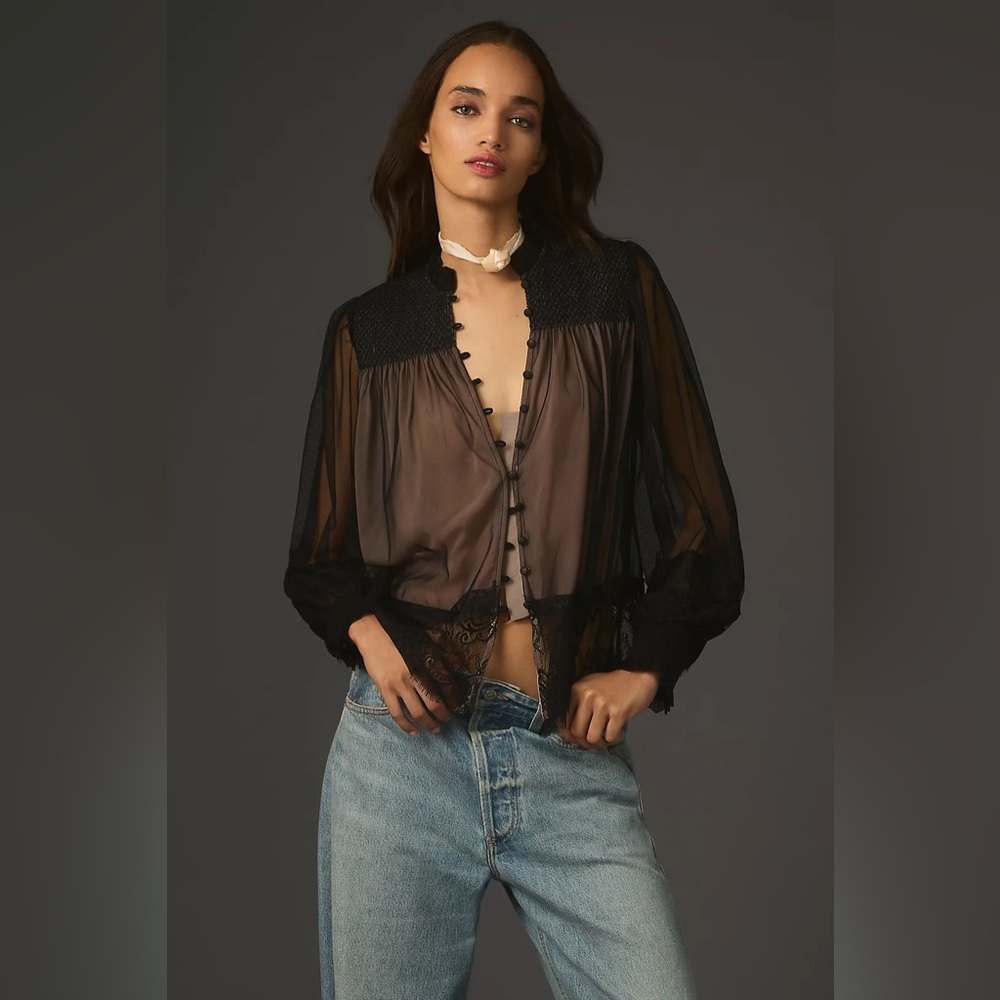 BY ANTHROPOLOGIE LAYERED TULLE PUFF-SLEEVE LACE BLOUSE NWOT